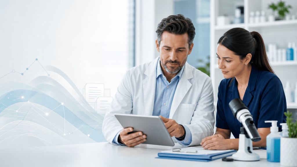 Dermatology physician and medical billing specialist reviewing billing data