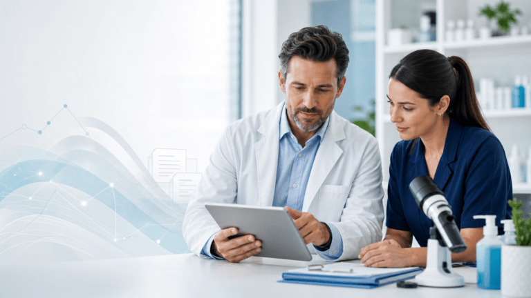 Dermatology physician and medical billing specialist reviewing billing data
