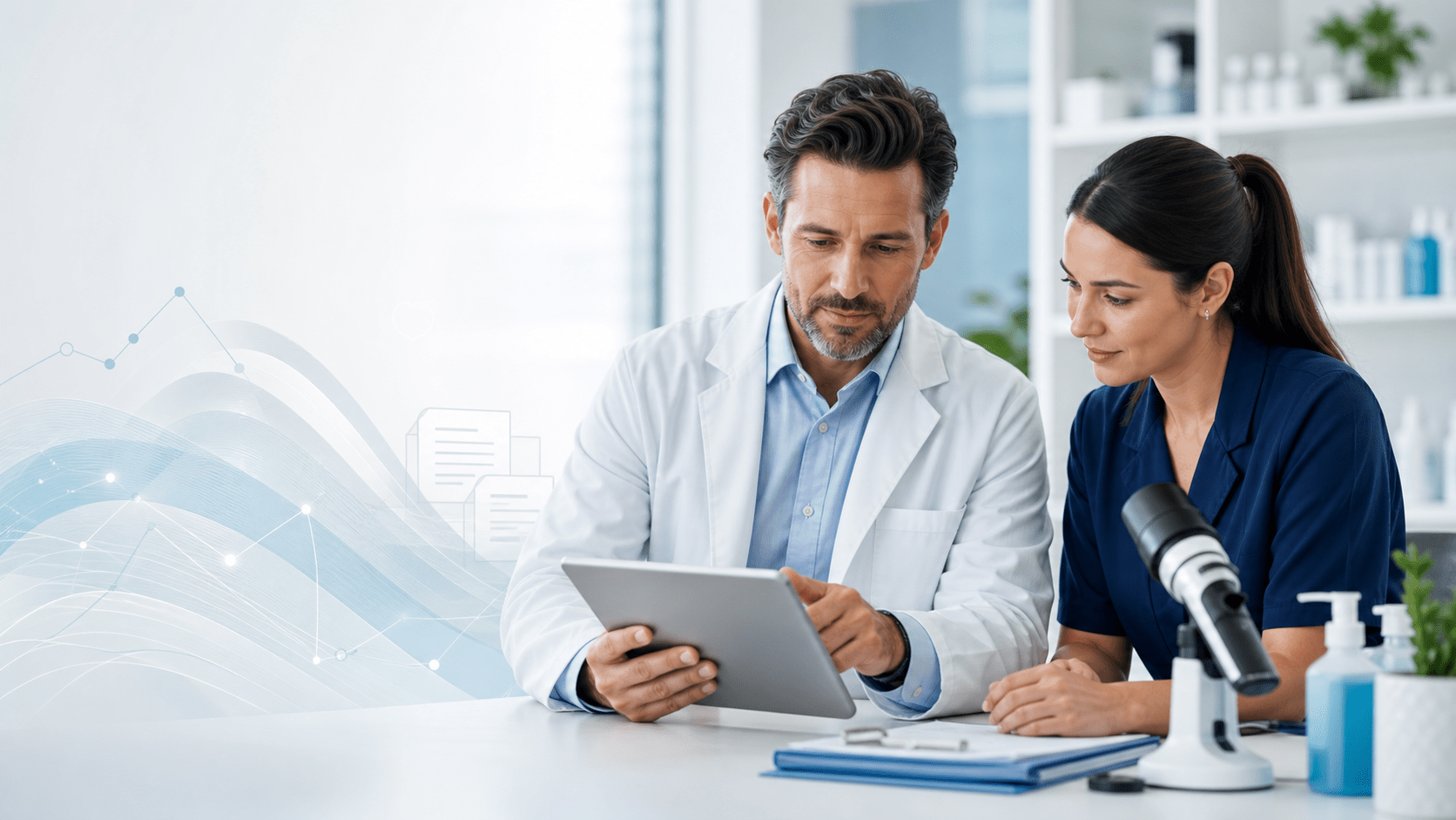Dermatology physician and medical billing specialist reviewing billing data